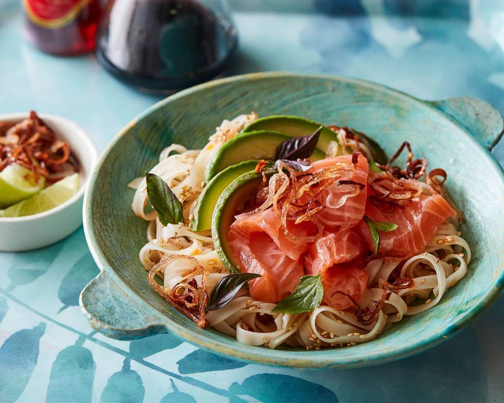 Cold Salmon-Avocado Sesame Noodles With Crispy Shallots