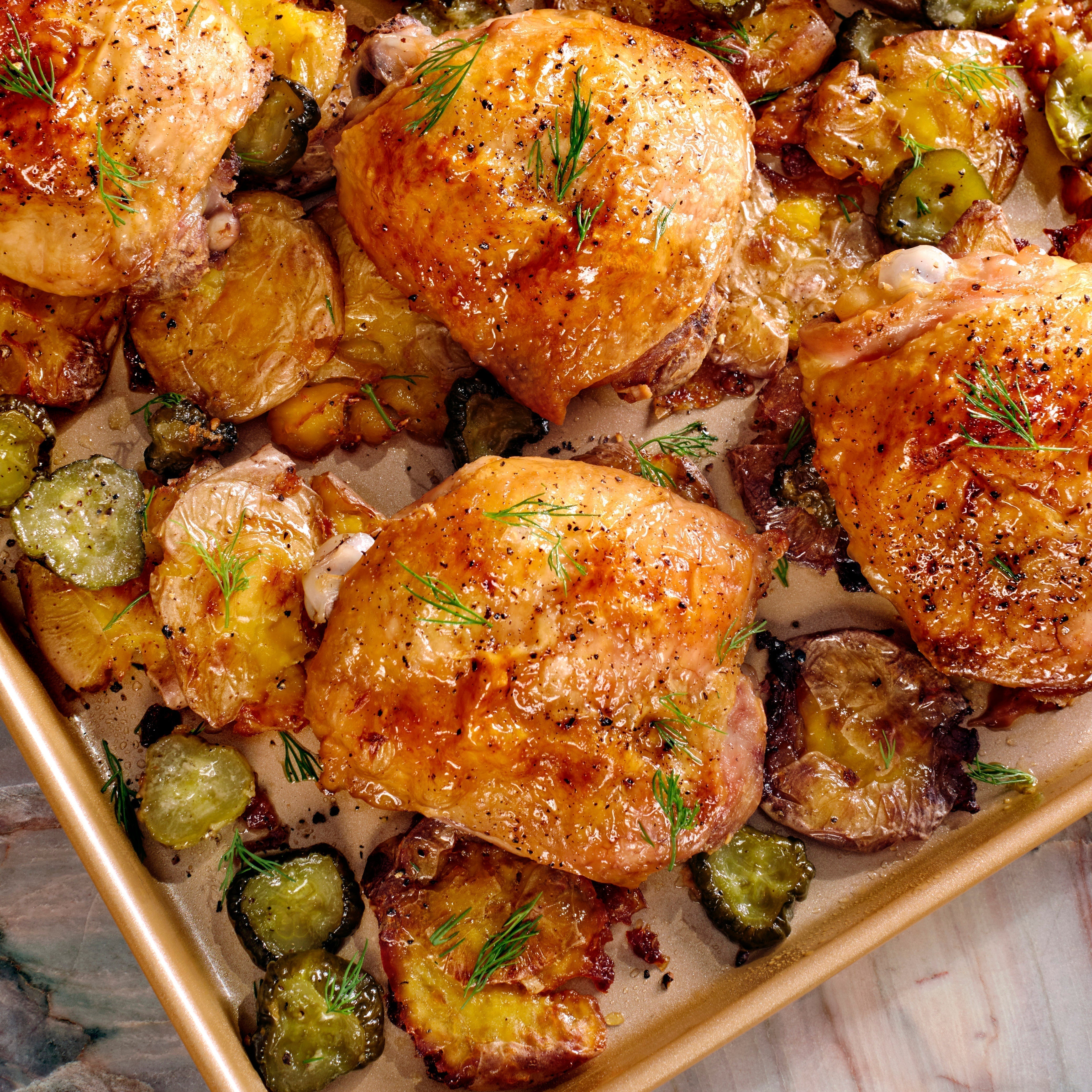 Pickle-Brined Chicken Thighs with Crispy Smashed Potatoes