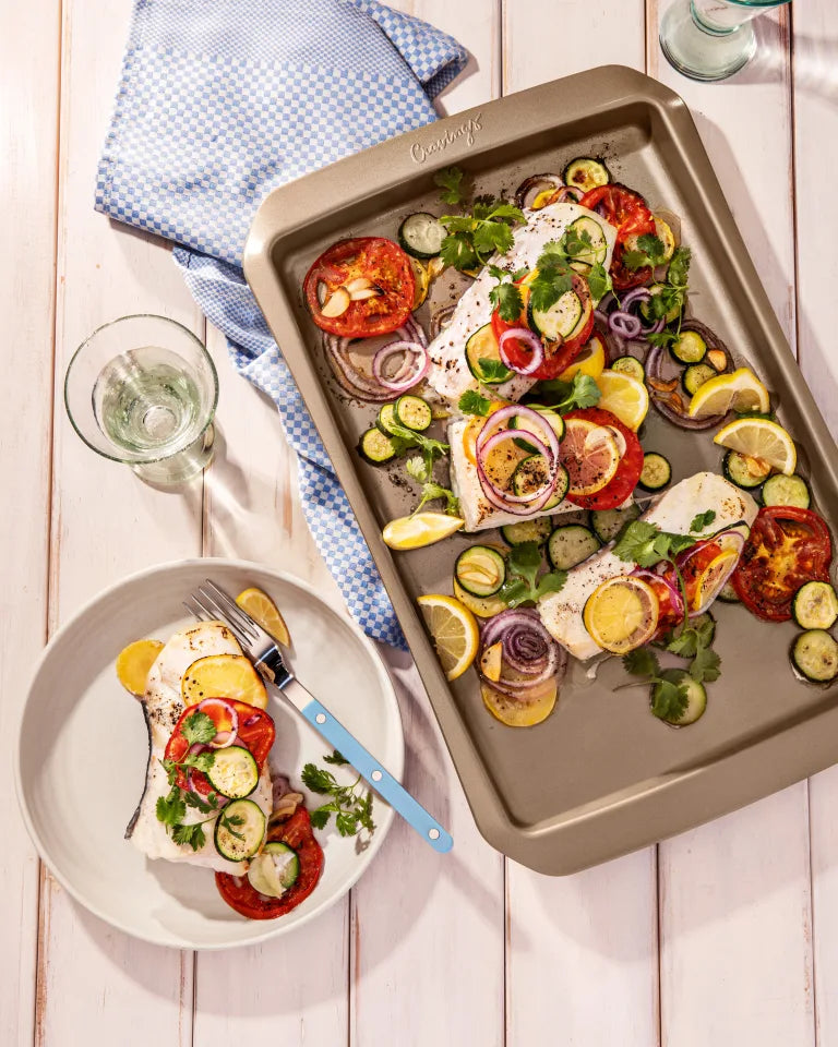 Lemony Sheet Pan Fish Fillets With Zucchini & Tomatoes