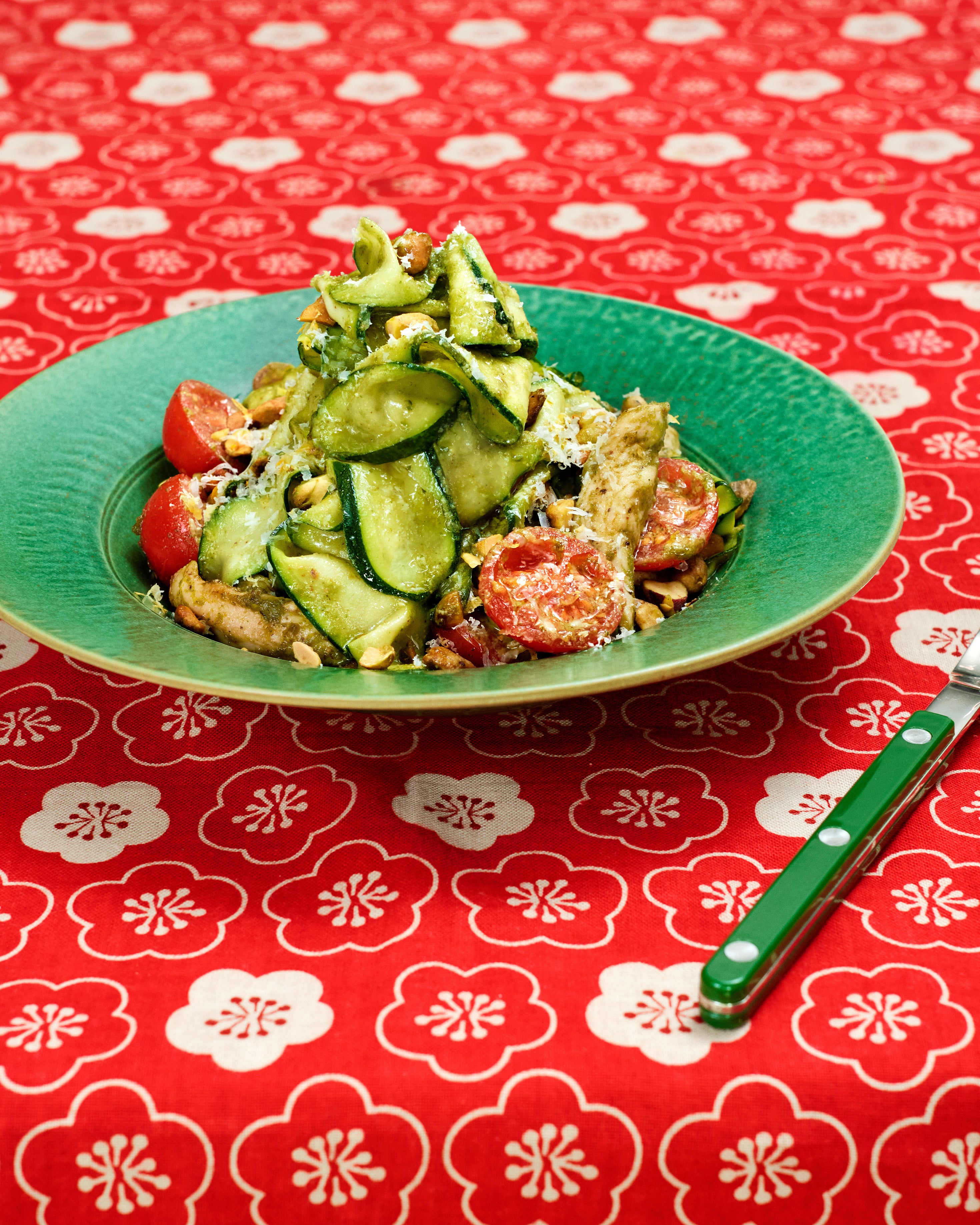 Zucchini “Pasta” with Pistachio Pesto and Chicken
