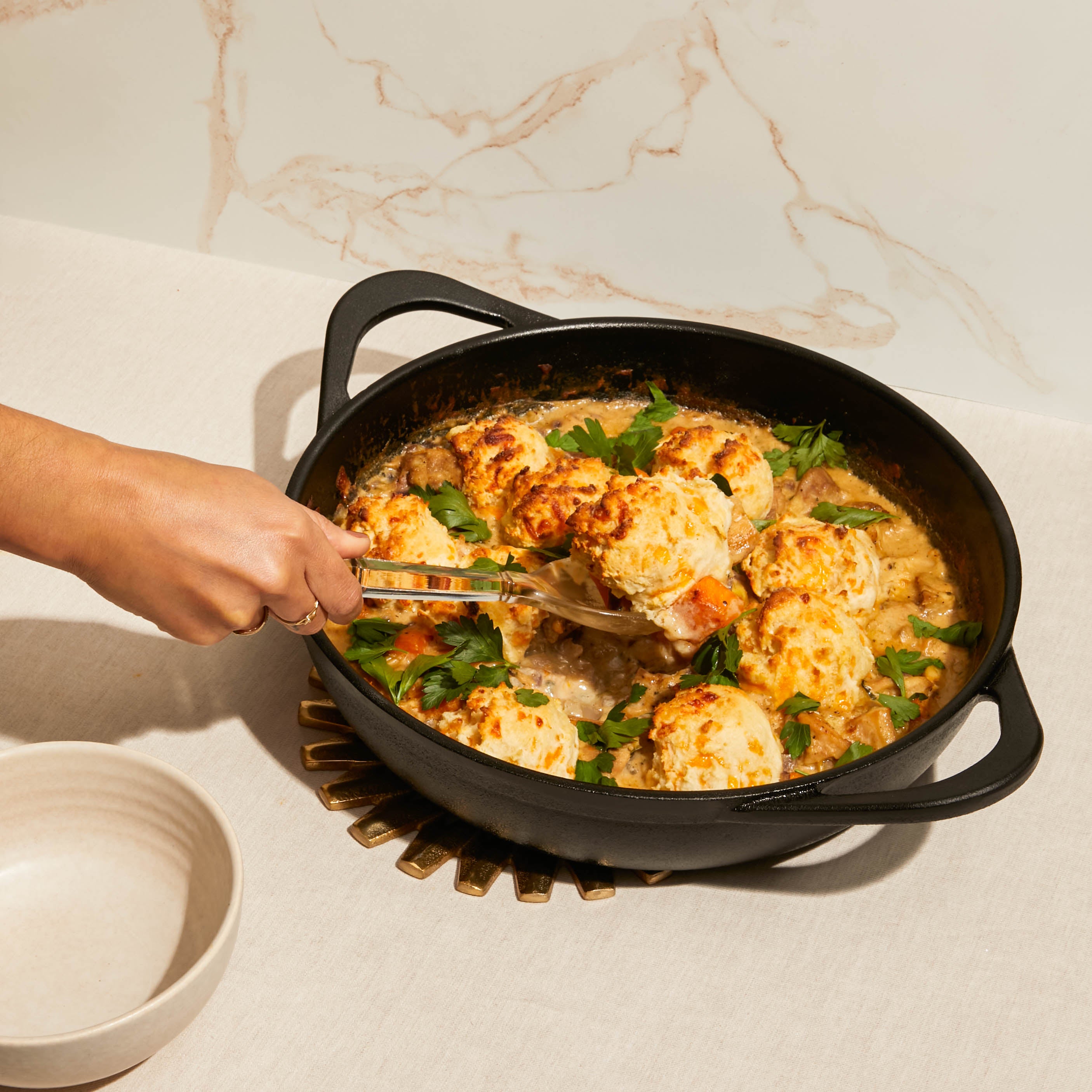 One-Pot Chicken, Squash & Garlic-Cheddar Biscuits