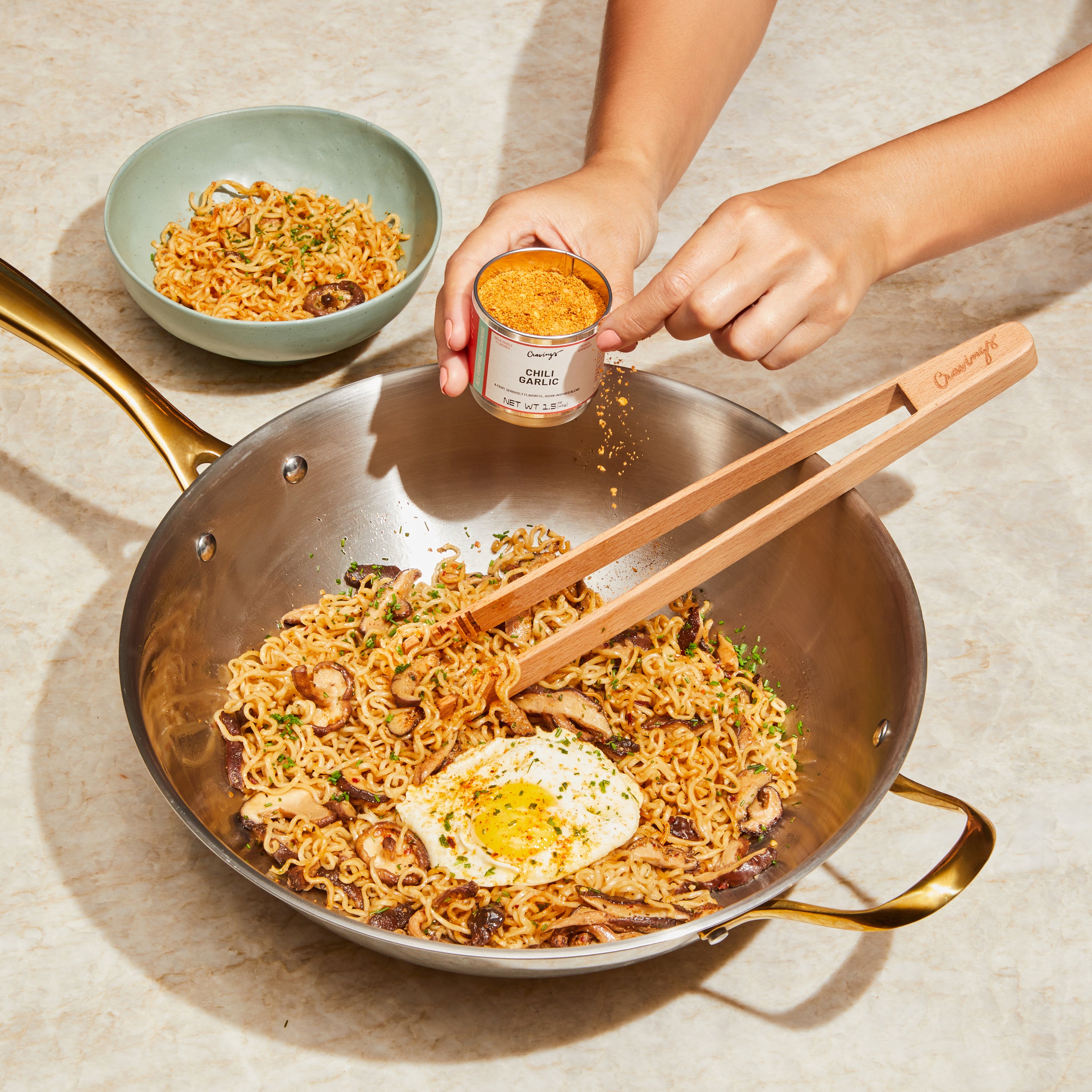 Chili-Garlic Mushroom Noodles with Fried Eggs