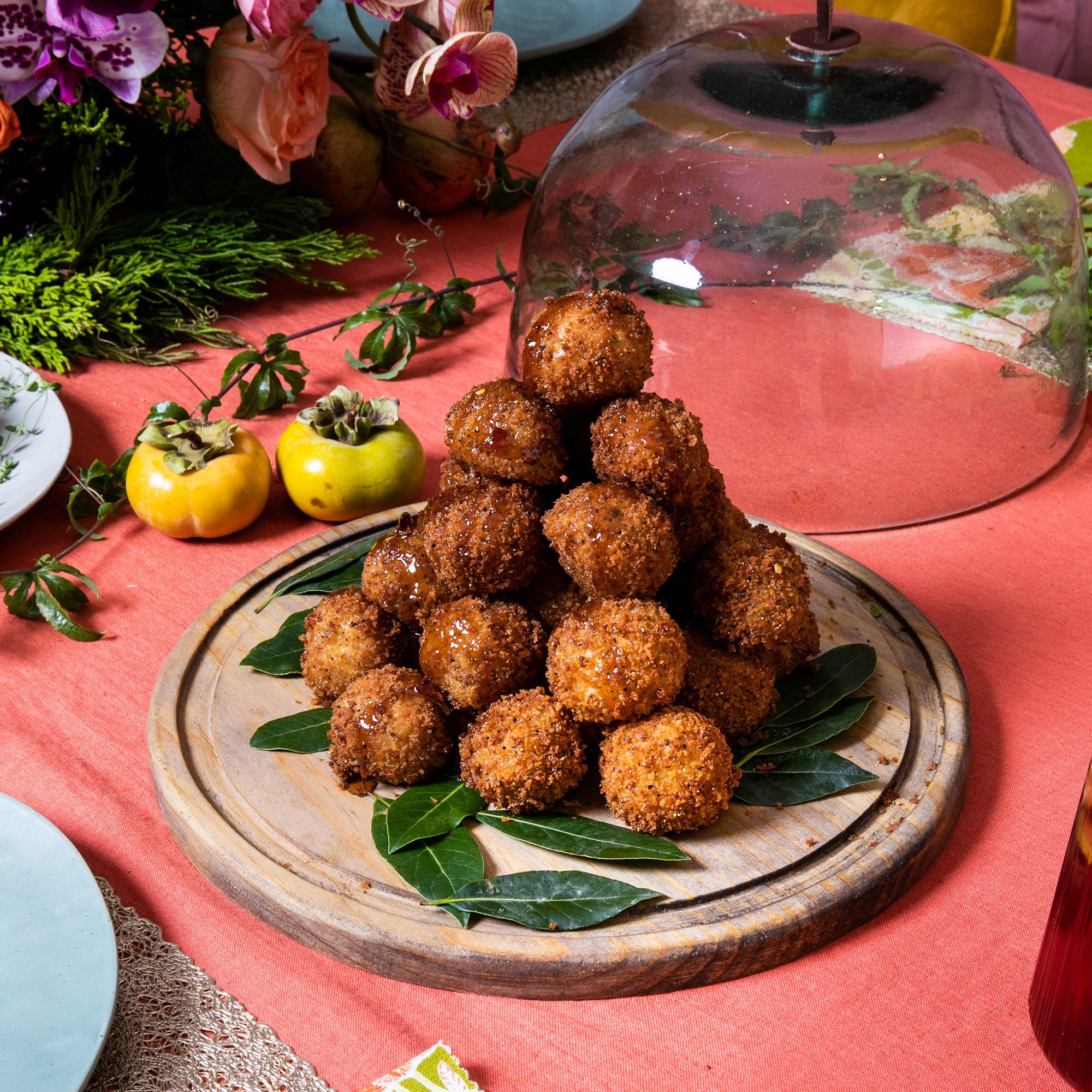 Croquettem- bouche (Prosciutto & Cheese Croquette Tower With Spicy Maple Drizzle)