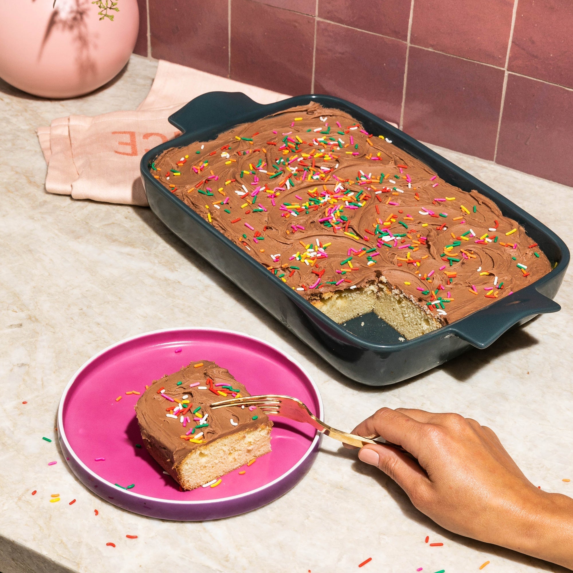 After-School Vanilla Sheet Cake with Salted Milk Chocolate Frosting