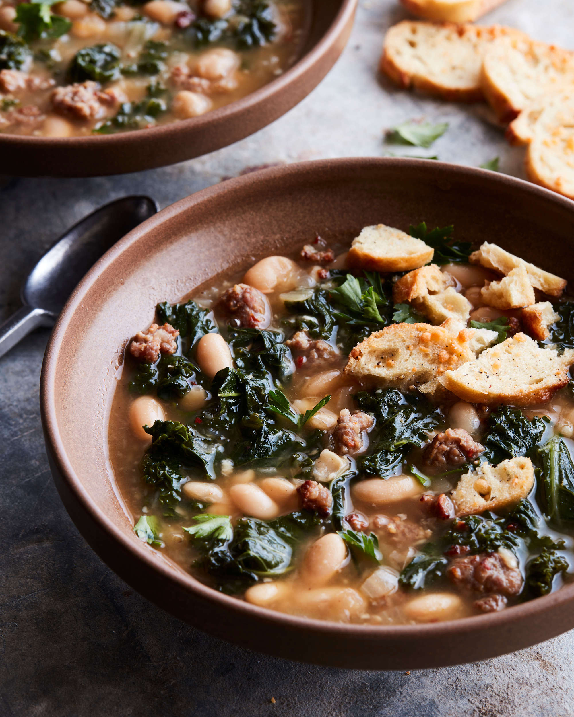 Kale, Sausage & White Bean Soup with Parm Toasts