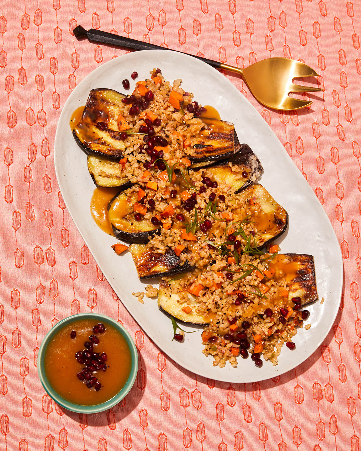 Crispy Eggplant “Steaks” with Fried Rice & Mushroom Gravy