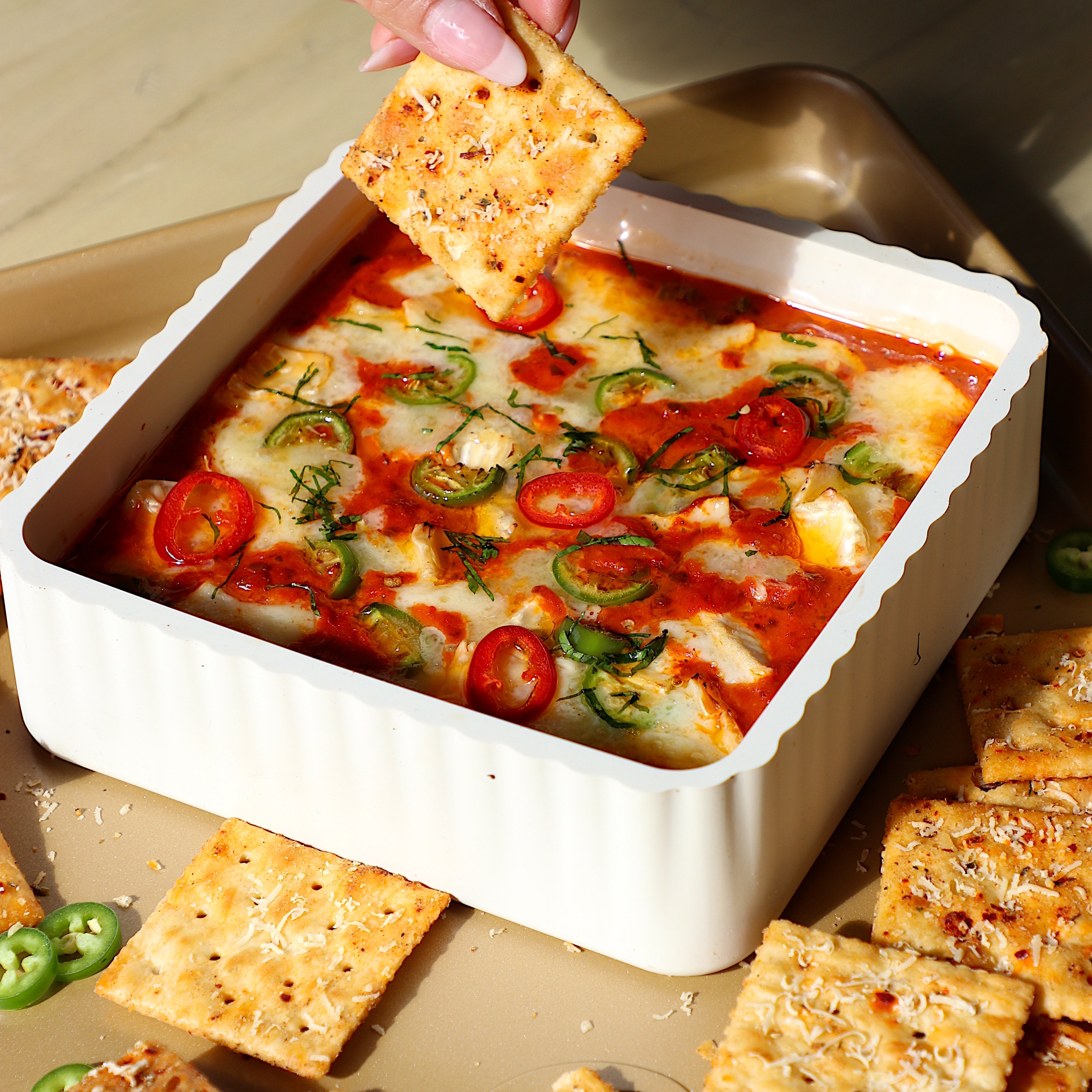 Brie Frame Baked Brie with Creamy Tomato Sauce & Spicy Ranch Fire Crackers