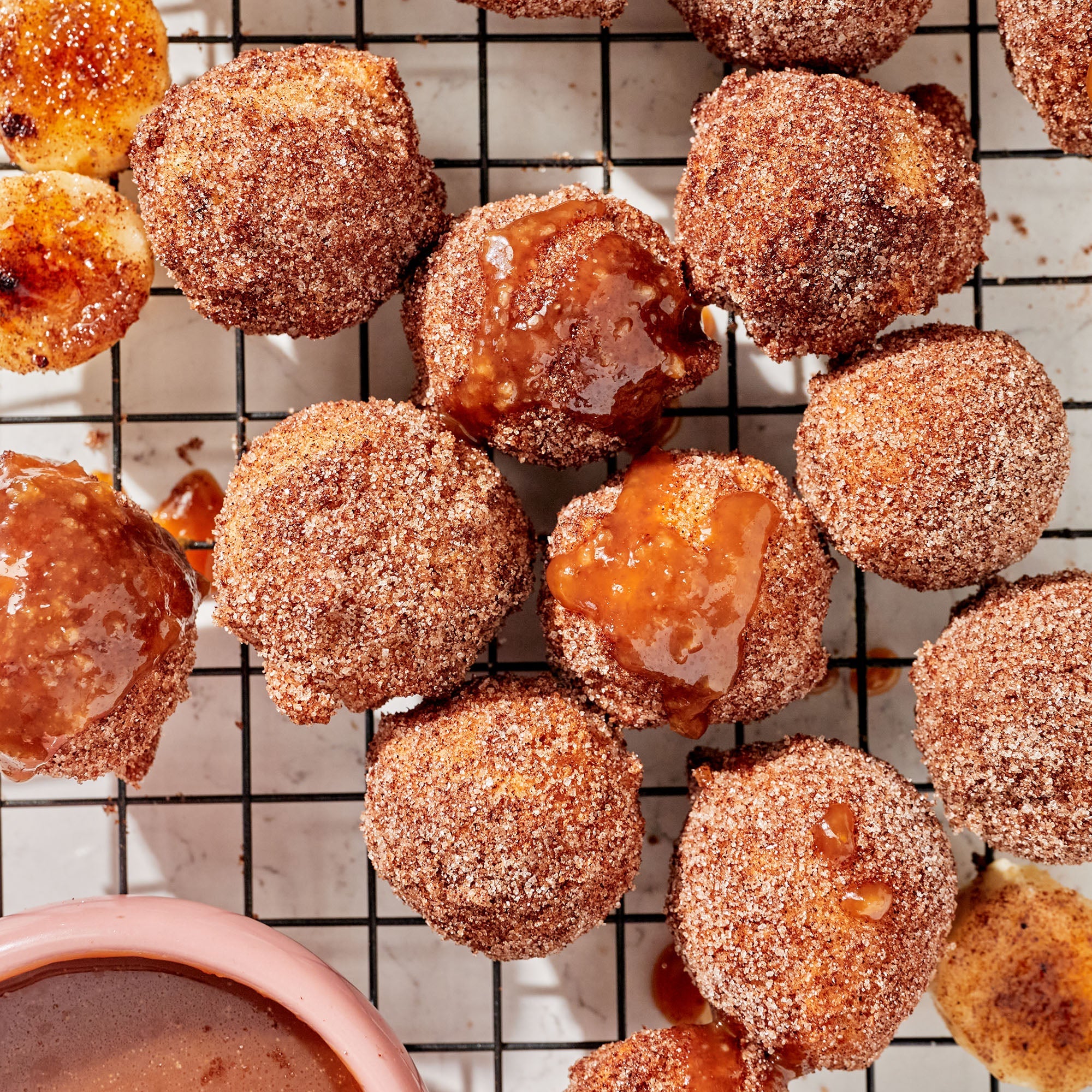 Banana Foster Donut Holes with Salted Banana Caramel
