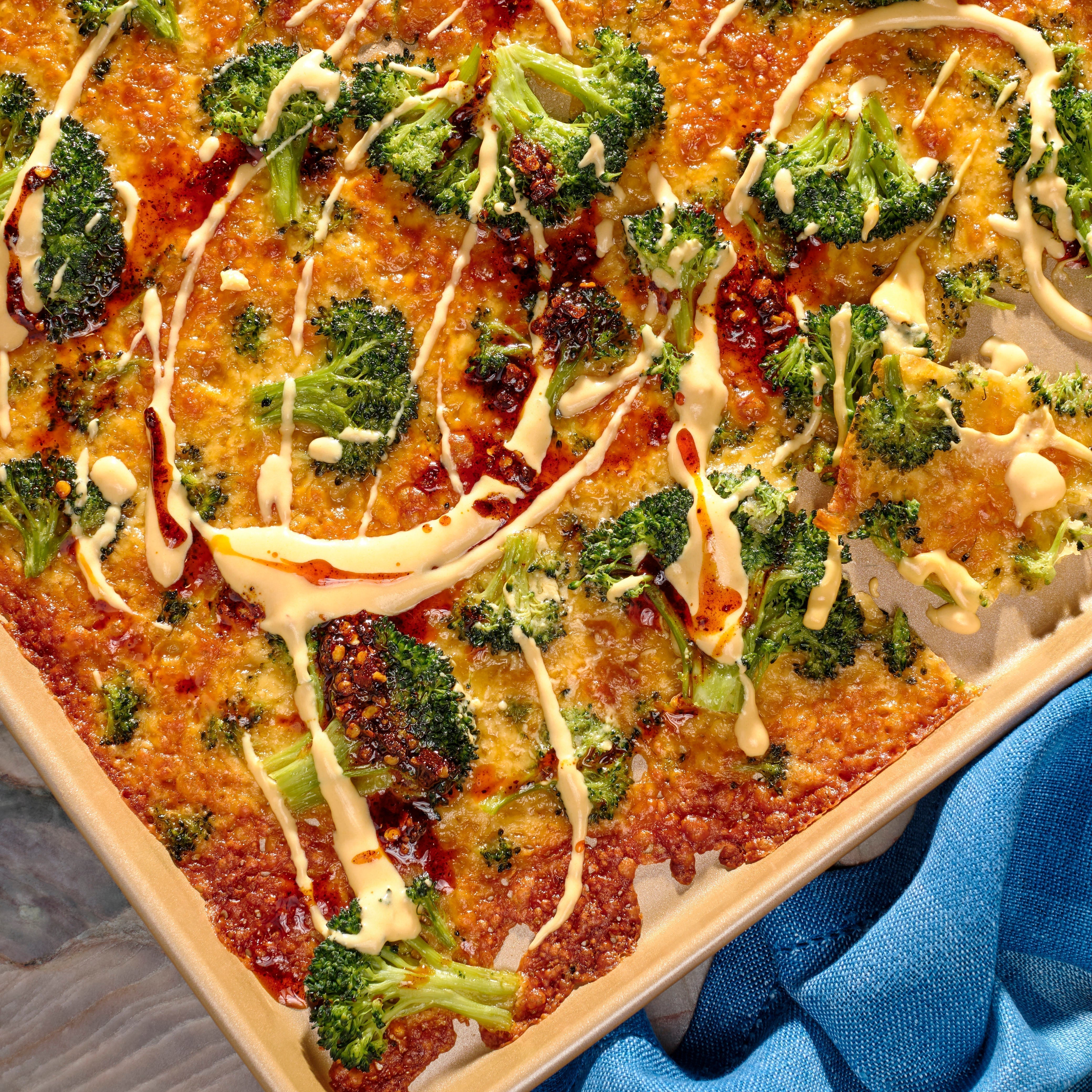 Crispy Parmesan Broccoli with Cheddar Sauce and Chili Crisp