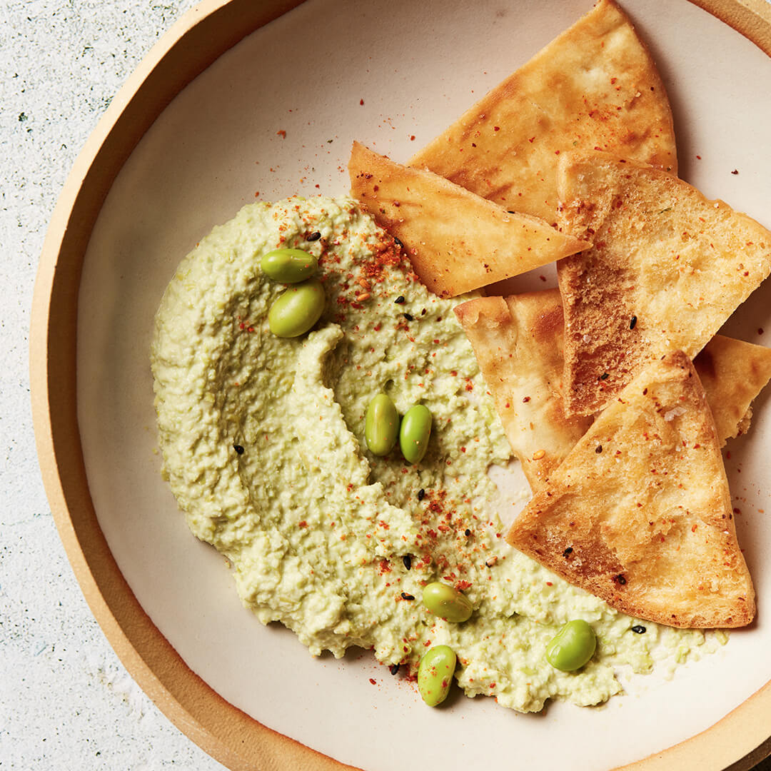 Edamame Hummus with Togarashi Pita Chips