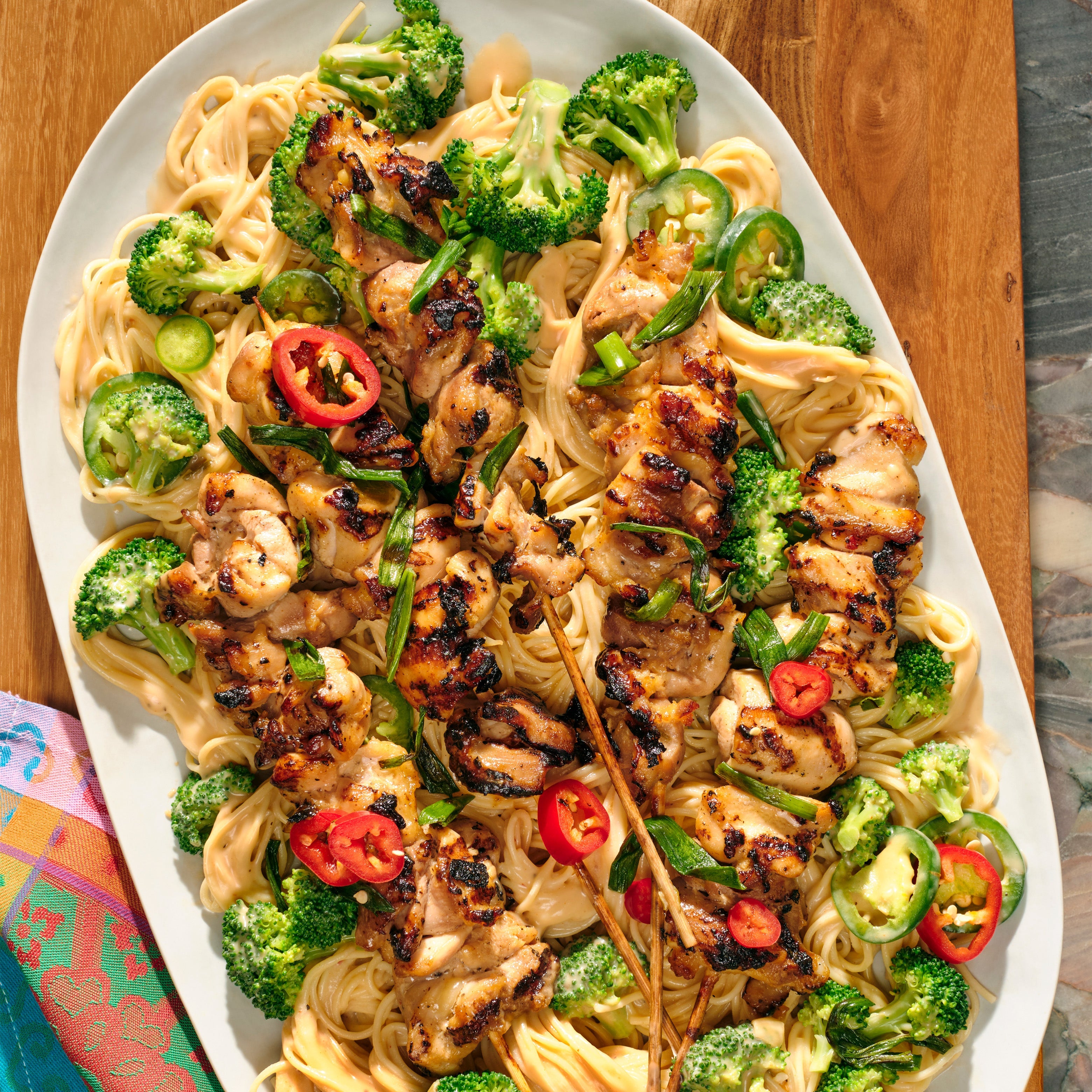 Grilled Spicy Miso Alfredo Chicken Pasta with Broccoli