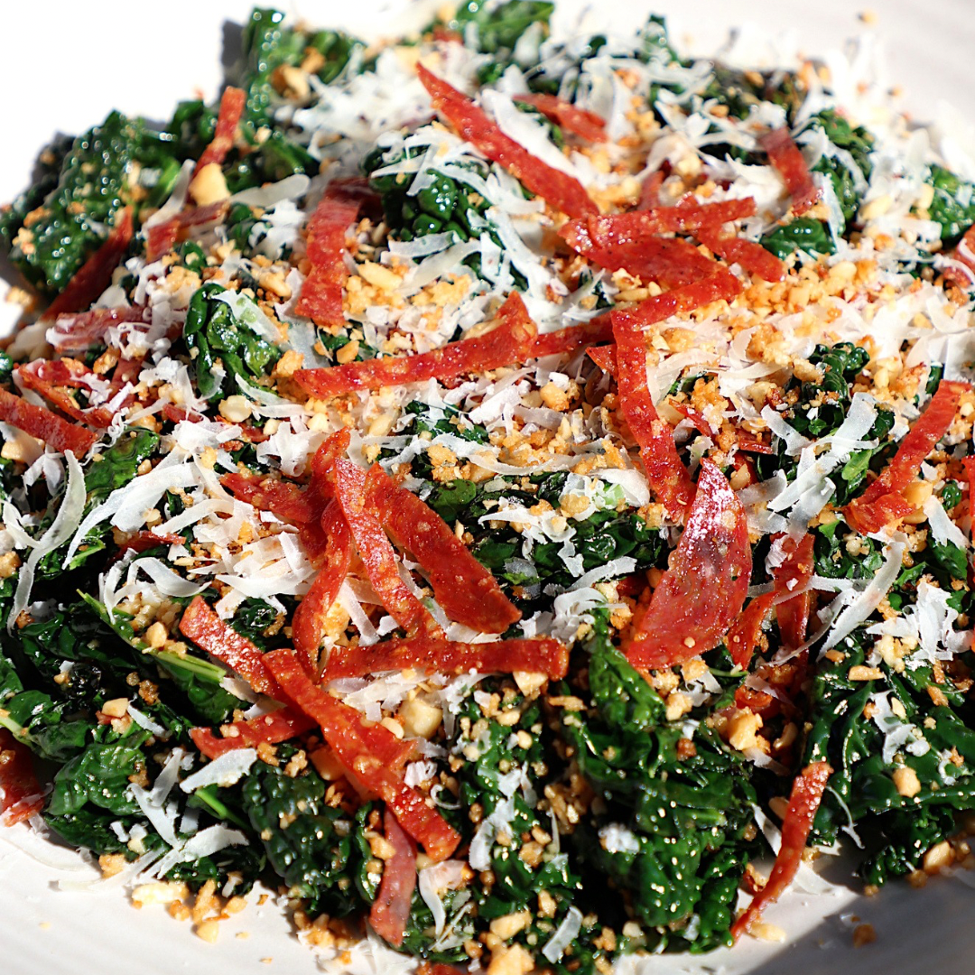 Blistered Kale with Macadamia Crunch & Spicy Miso Sauce
