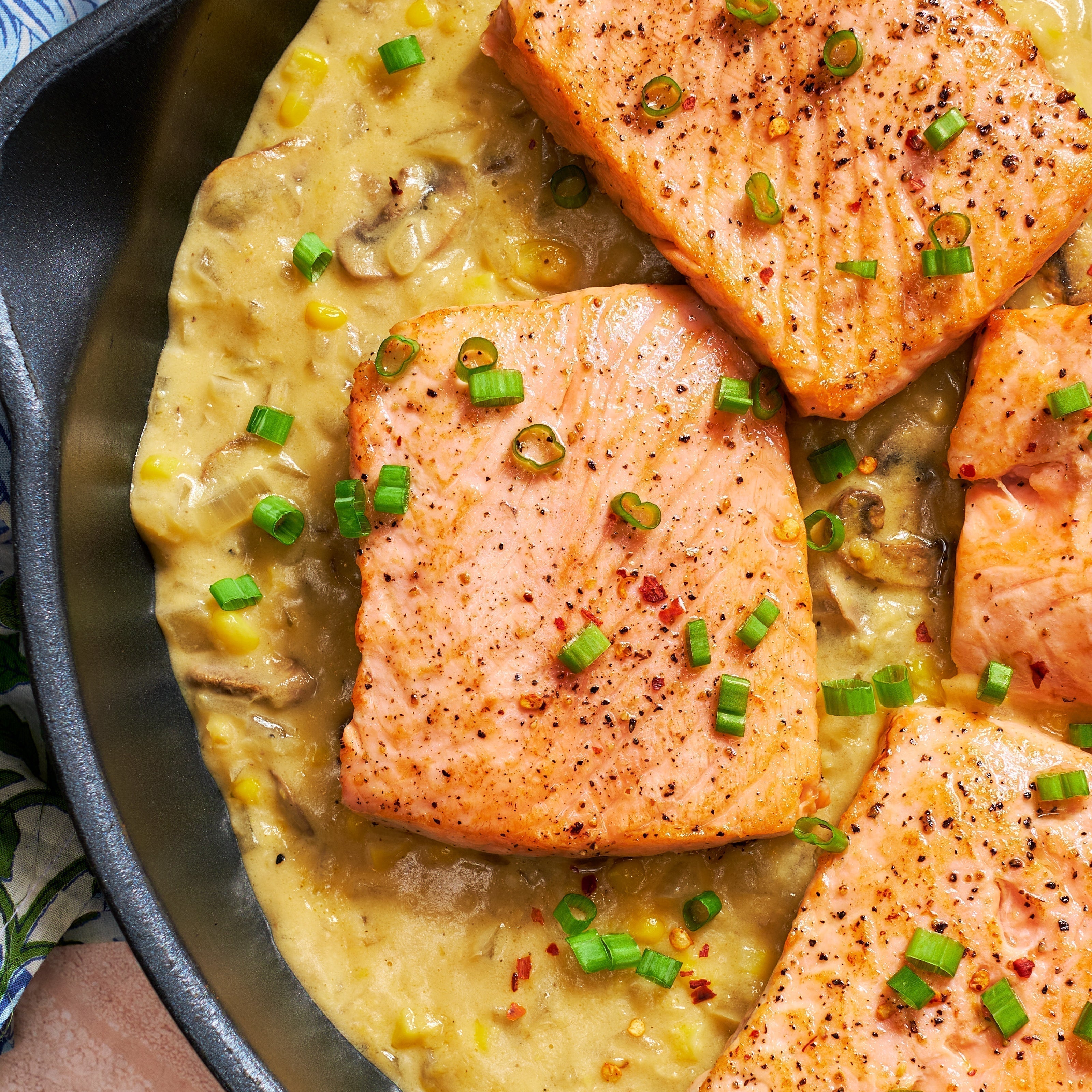 Chowder Frames Truffle Corn and Mushroom Chowder With Roasted Salmon