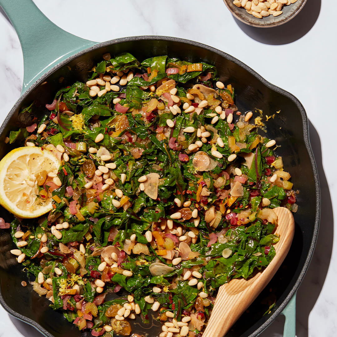 Coconutty Greens With Pine Nuts & Raisins